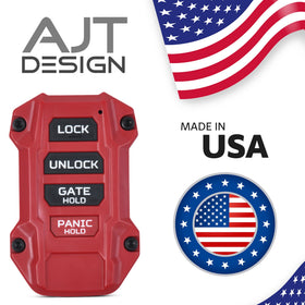 AJT DESIGN red case beside car key for scale showing compact, precise size