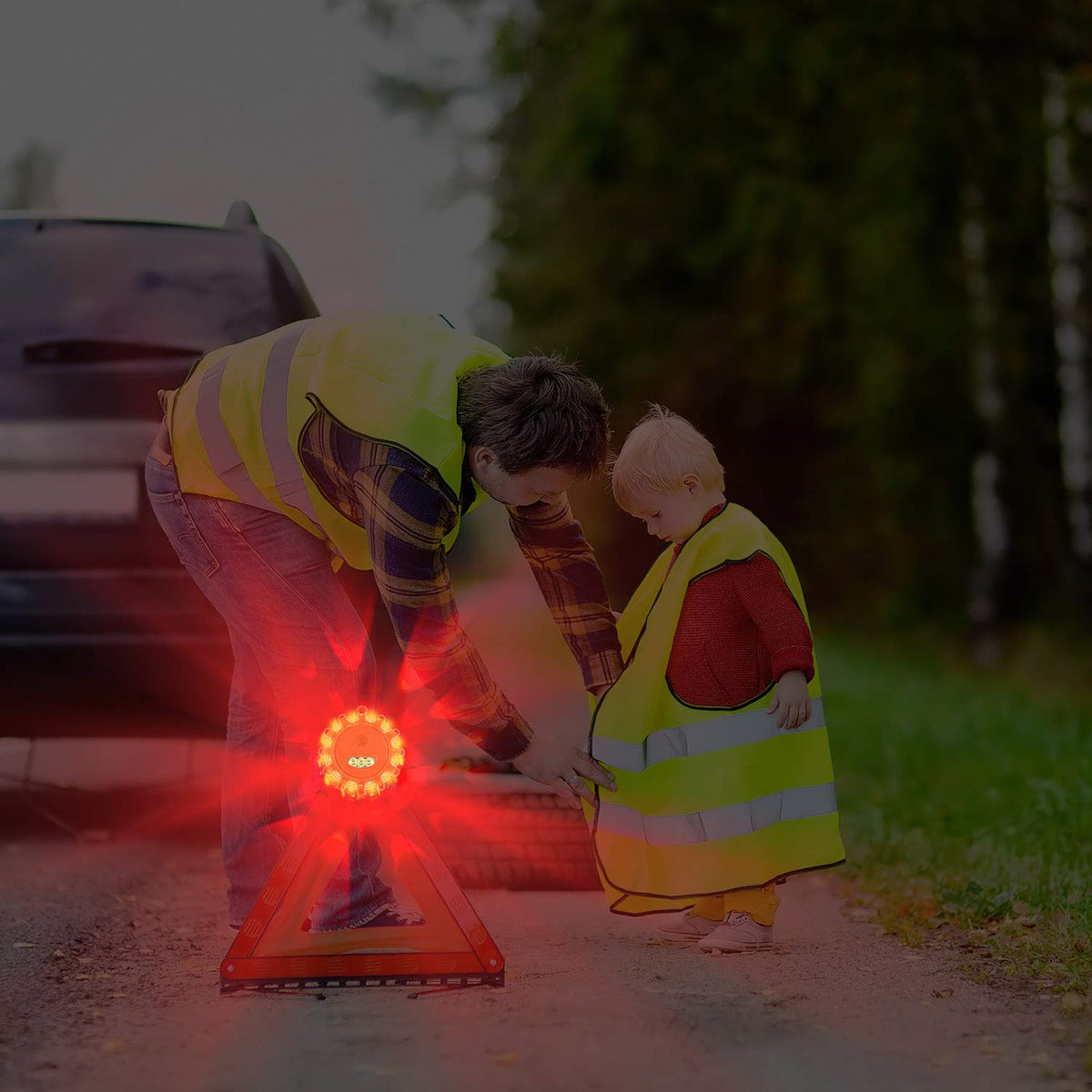 AK nighttime roadside setup showing bright warning lights improving safety