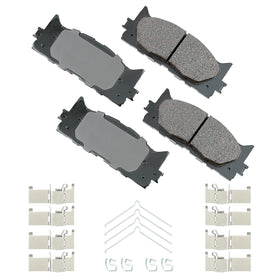 Akebono ACT1222A pad close-up showing ceramic surface and precise backing for quiet braking