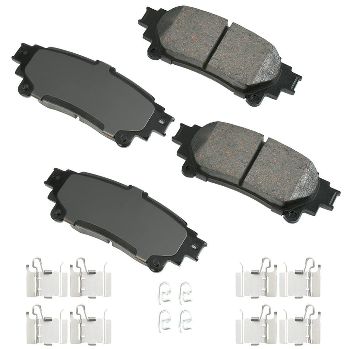 Akebono rear brake pad front packaging showing fit and low-noise benefit