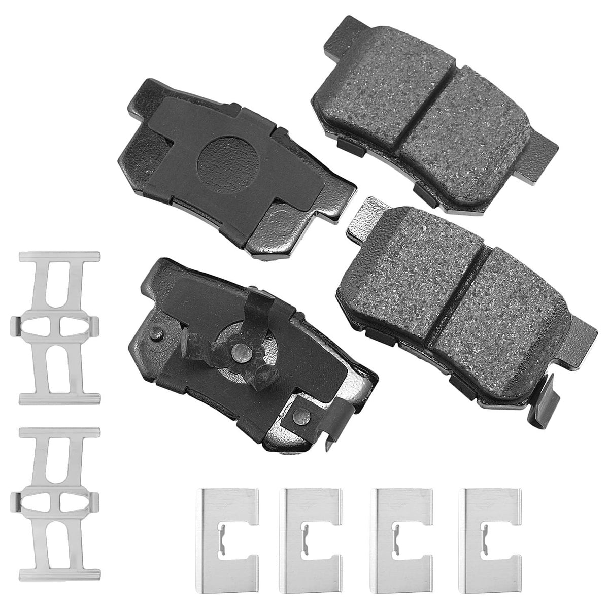 Akebono ceramic rear pad front view showing clean finish and reduced-noise benefit