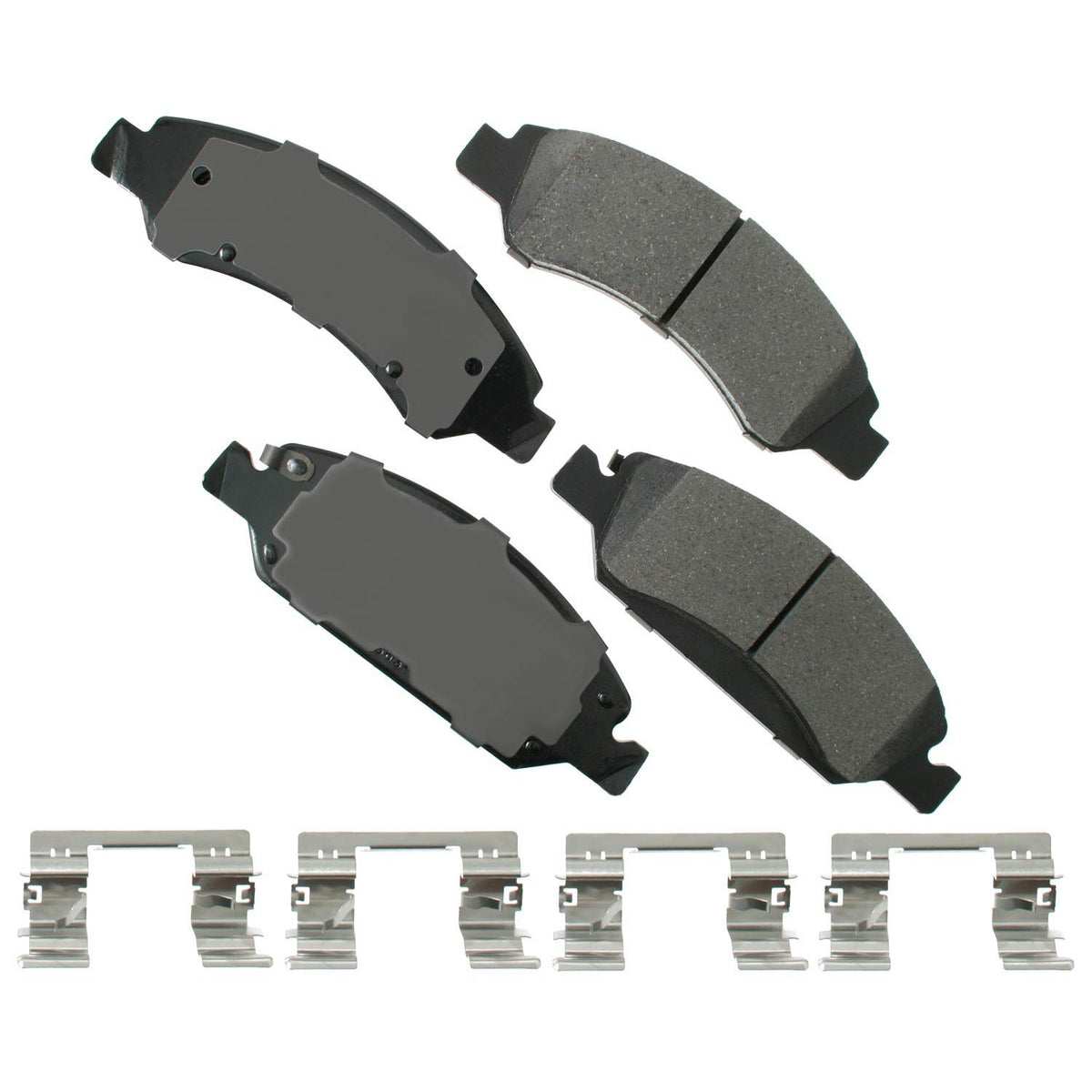 Akebono front brake pad kit packaging showing fitment and low-dust benefit