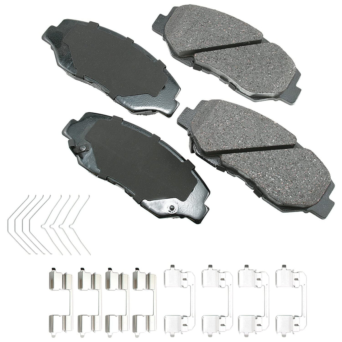 Akebono front pads package showing four pads and low-dust benefit