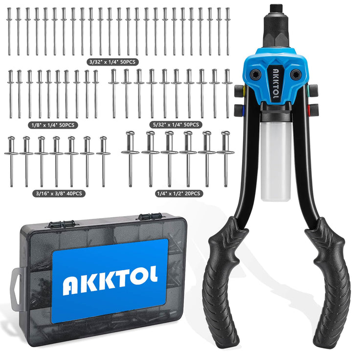 AKKTOL front view of rivet gun kit showing tool and organized rivets improving workflow