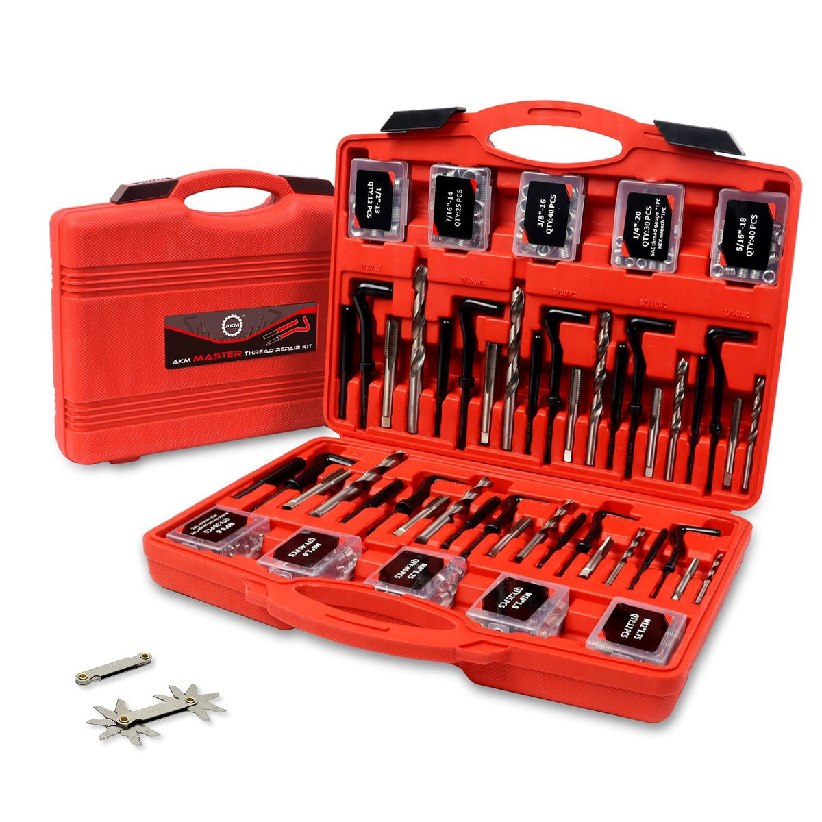 AKM front packaging showing complete 338pc kit and organized case benefit clarity