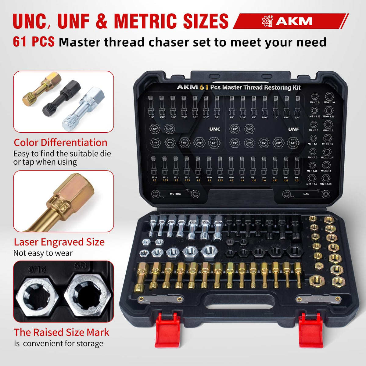 AKM color-coded thread chasers close-up for fast UNC UNF metric identification