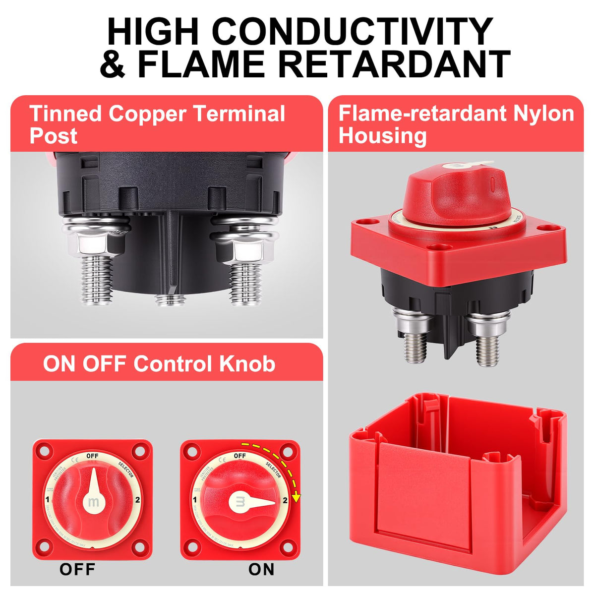 Akozon rotary knob detail with clear OFF‑1‑2 markings for easy selection