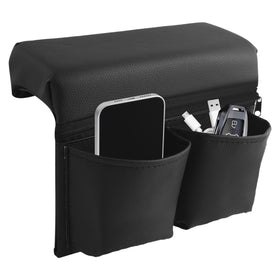 AKWDSL front view of armrest organizer showing pockets and zippered compartment for tidy storage