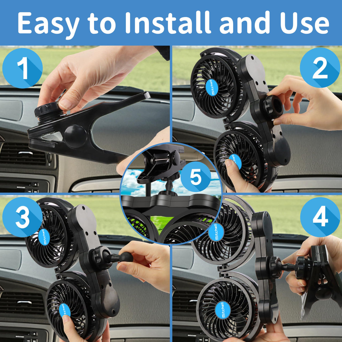 Alagoo mounted on visor blowing air to front seat for improved driver comfort