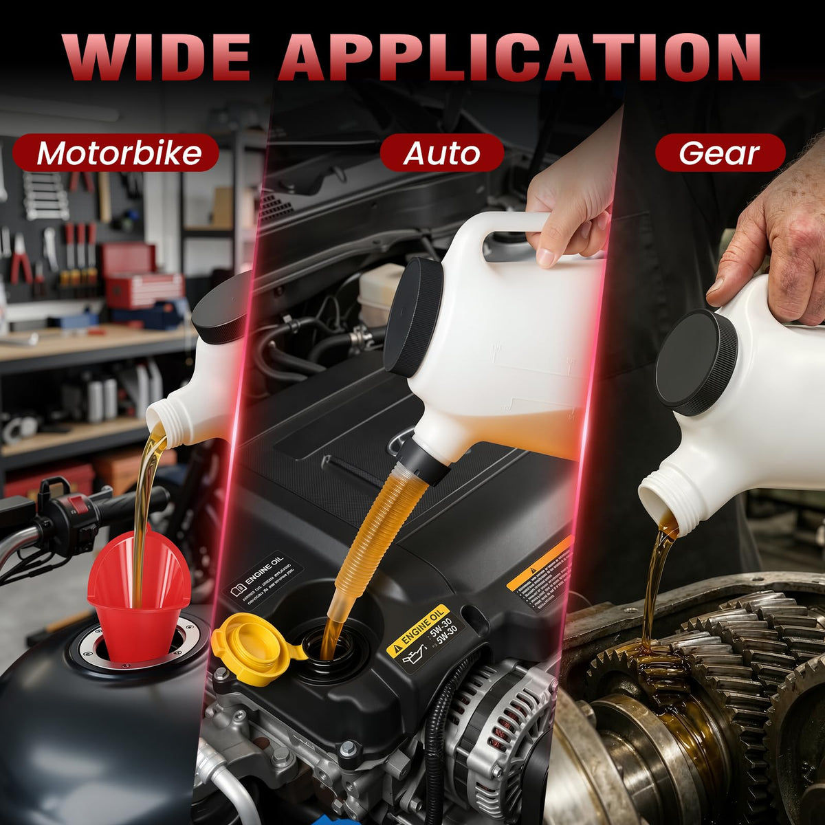 ALAYGO pouring motor oil into an engine with anti‑drip spout to prevent spills