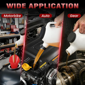 ALAYGO pouring motor oil into an engine with anti‑drip spout to prevent spills