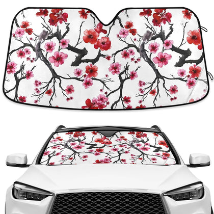 ALAZA front view showing pink cherry blossom sunshade protecting windshield