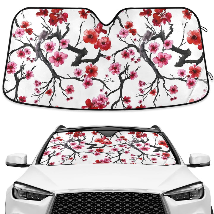 ALAZA front view showing pink cherry blossom sunshade protecting windshield