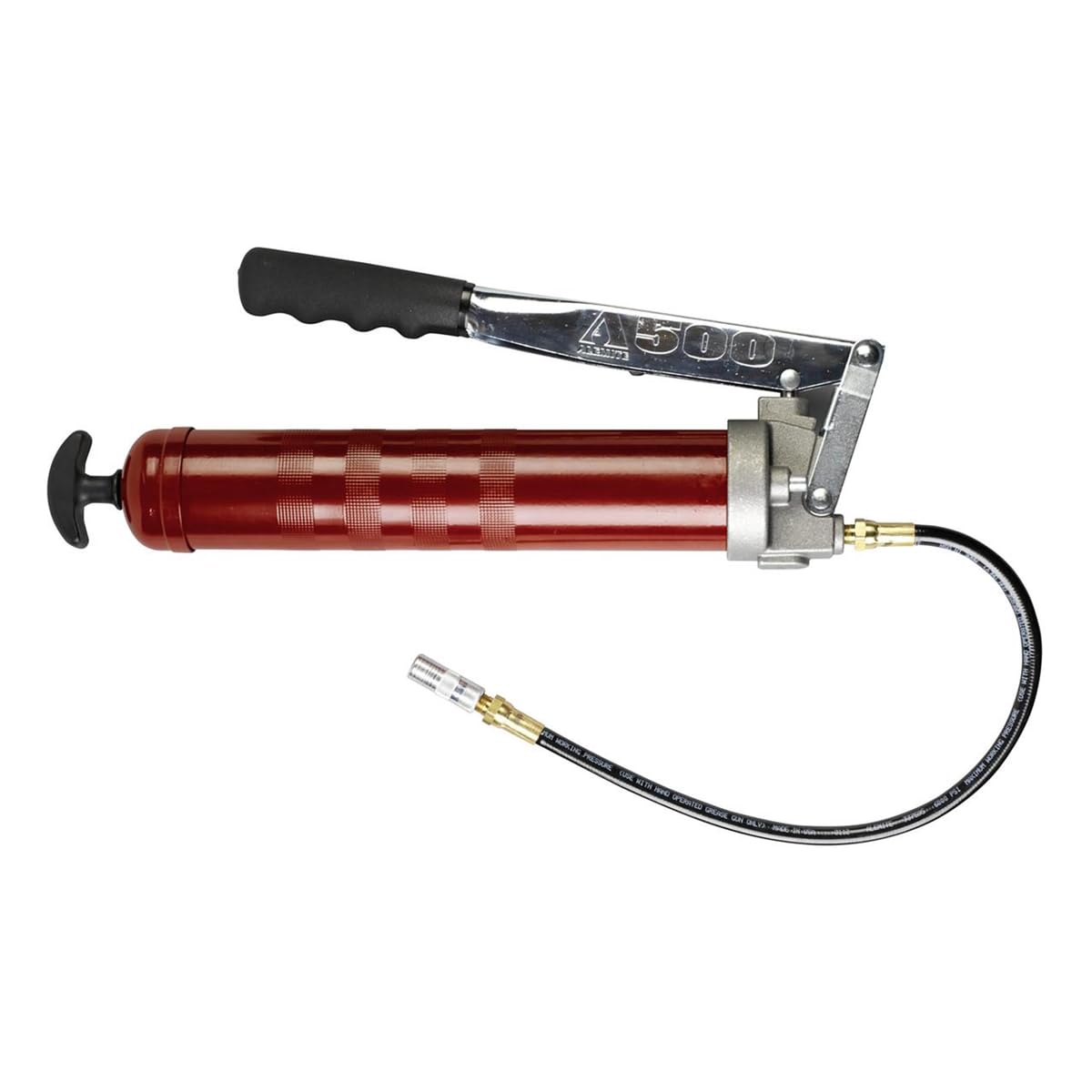 Alemite 500-E front view showing aluminum head and vinyl grip for durable handling