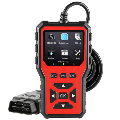 Algvmis front view of red OBD2 scanner showing controls and housing for easy handling