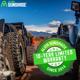 Alien Sunshade fabric texture and label close-up showing durable UV-resistant material