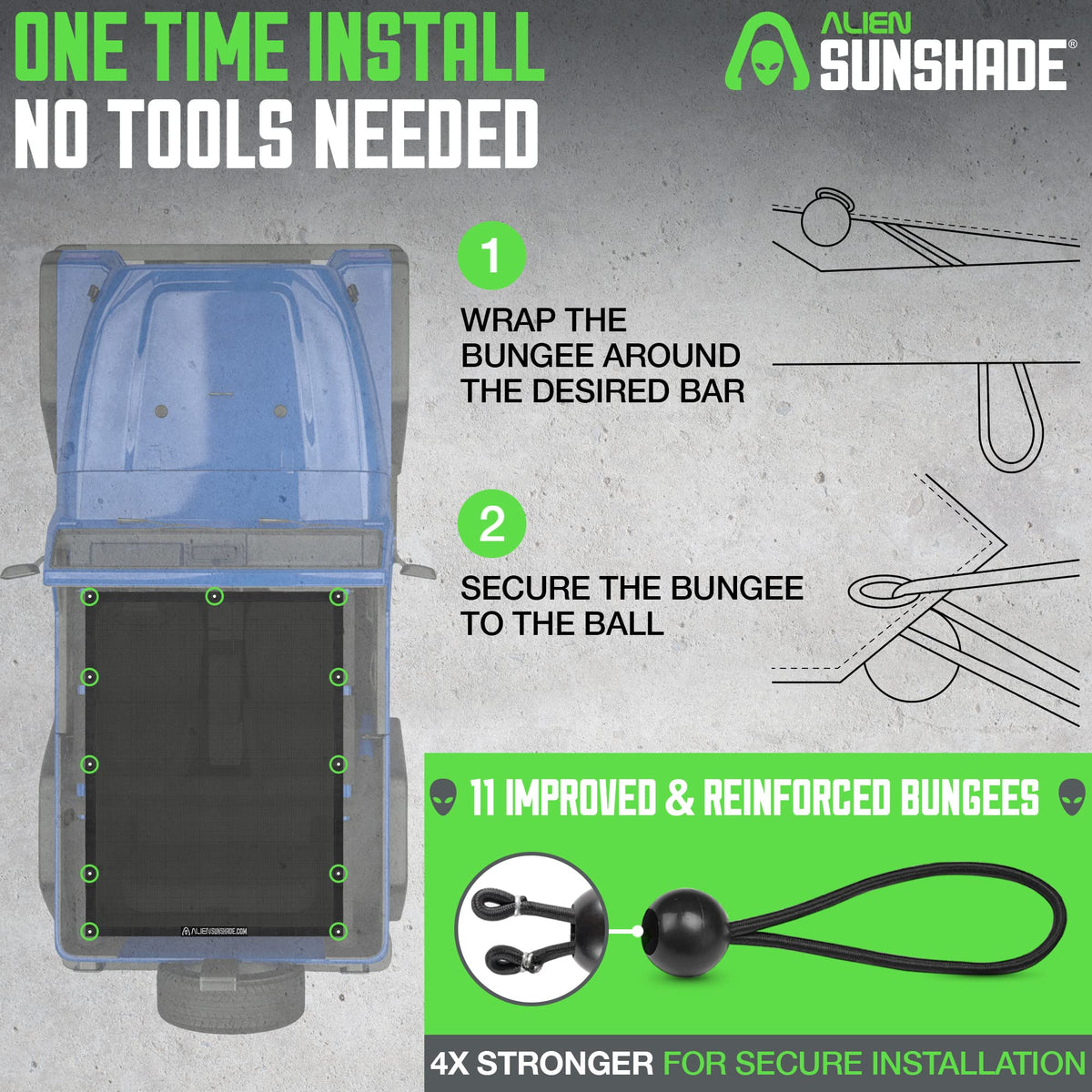 Alien Sunshade on Jeep at beach illustrating comfortable sun-reduced ride