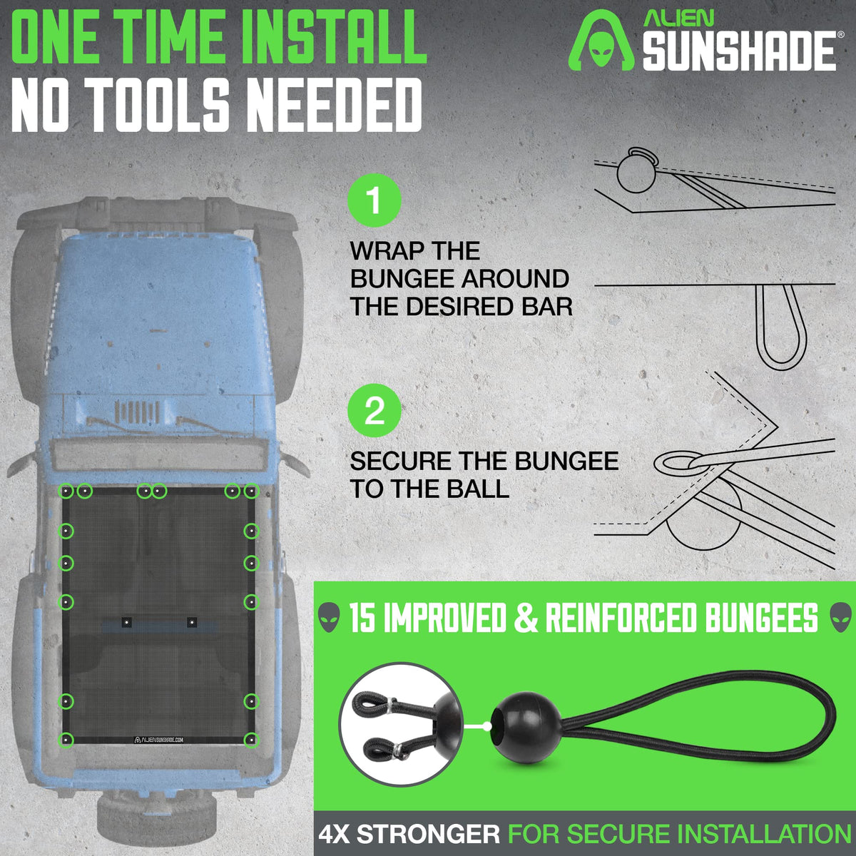 Alien Sunshade on Jeep driving at beach showing shaded comfort outdoors
