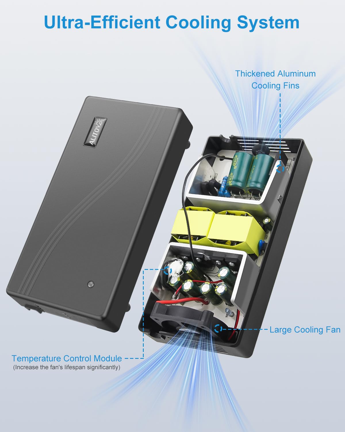 ALITOVE side view showing cooling fan vents, efficient low-noise heat dissipation