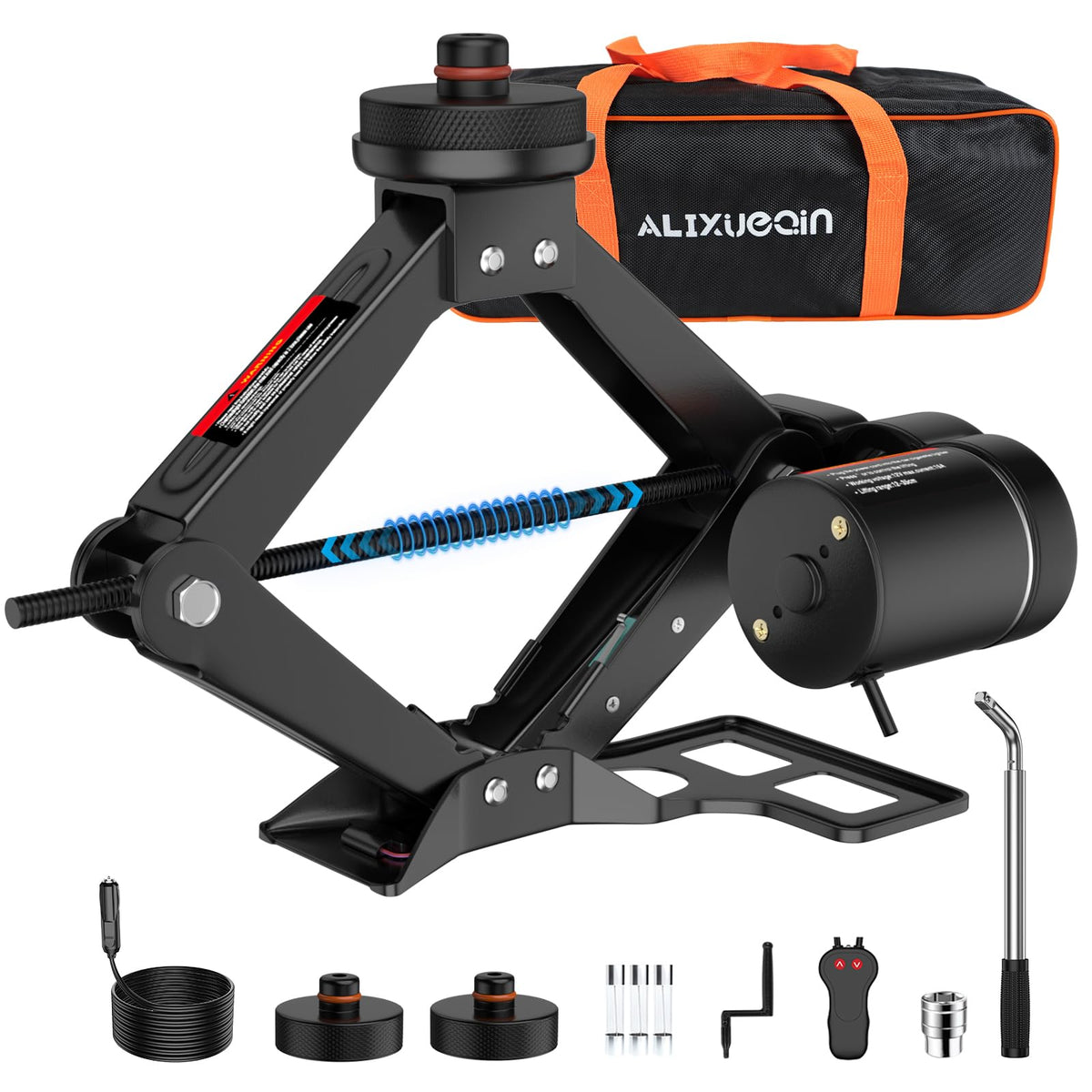 ALIXUEQIN electric jack front view showing compact design and quick deployment benefit
