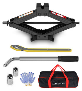 ALIXUEQIN front packaging showing full 2 ton scissor jack kit and tools for quick roadside repairs