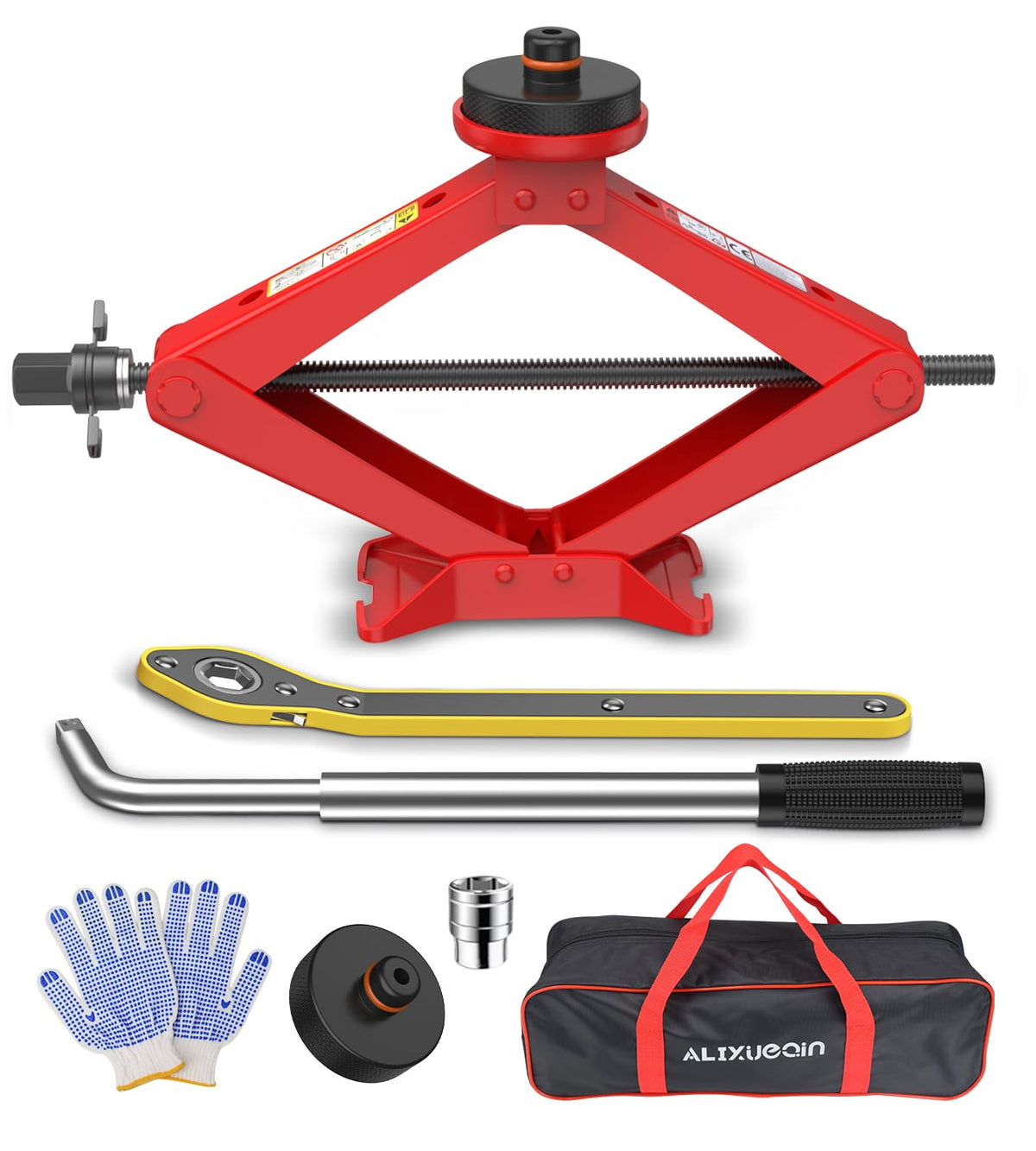ALIXUEQIN front view of red scissor jack kit showing compact case and components for quick roadside repairs