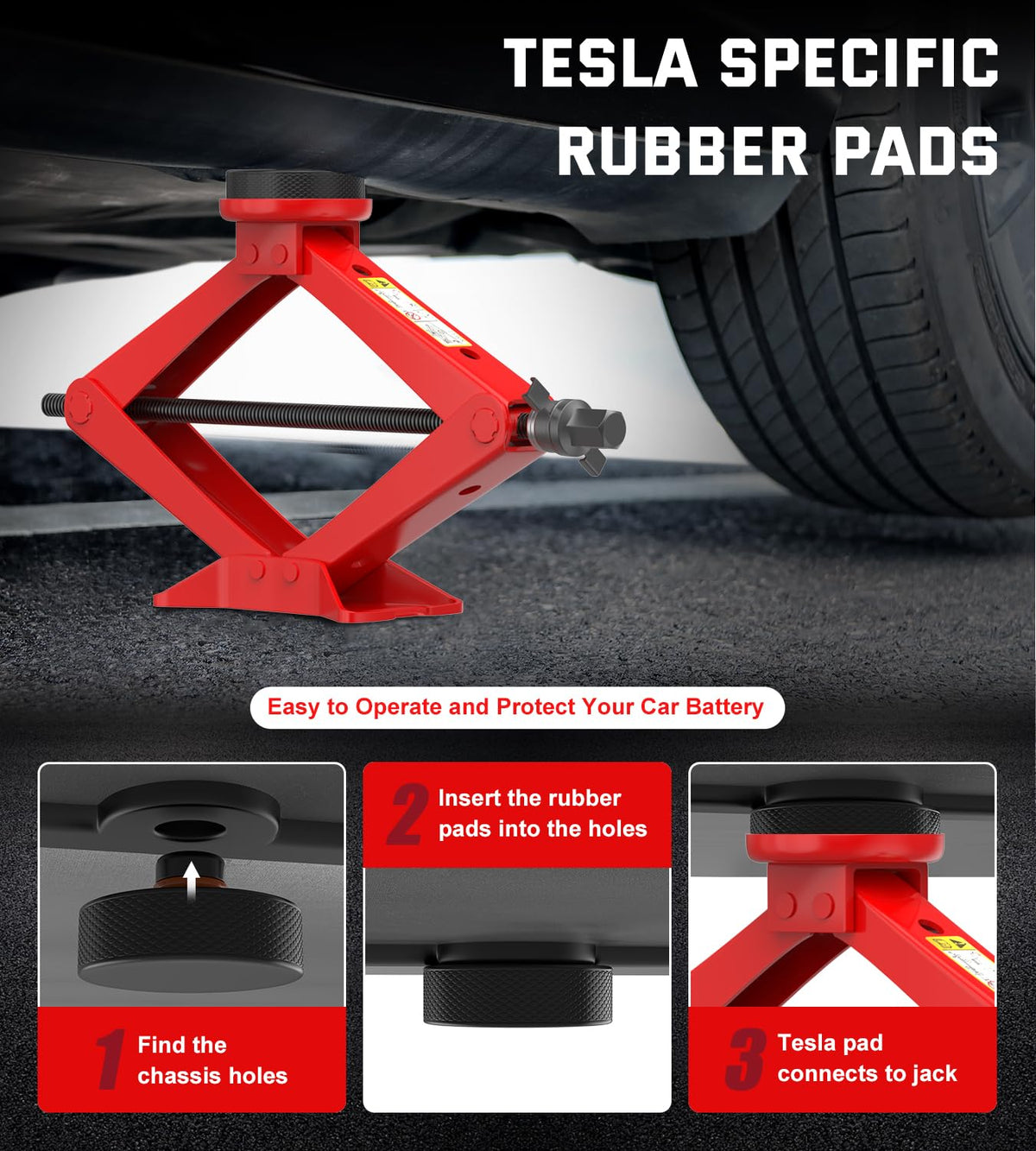 ALIXUEQIN jack in use lifting a Tesla wheel safely with rubber pad protecting battery area