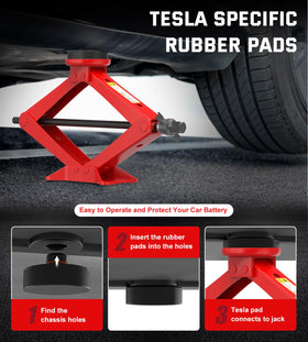 ALIXUEQIN jack in use lifting a Tesla wheel safely with rubber pad protecting battery area