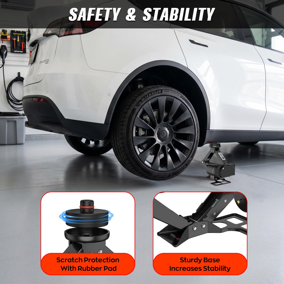 ALIXUEQIN jack in use lifting a Tesla side, illustrating safe, stable vehicle support