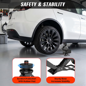 ALIXUEQIN jack in use lifting a Tesla side, illustrating safe, stable vehicle support