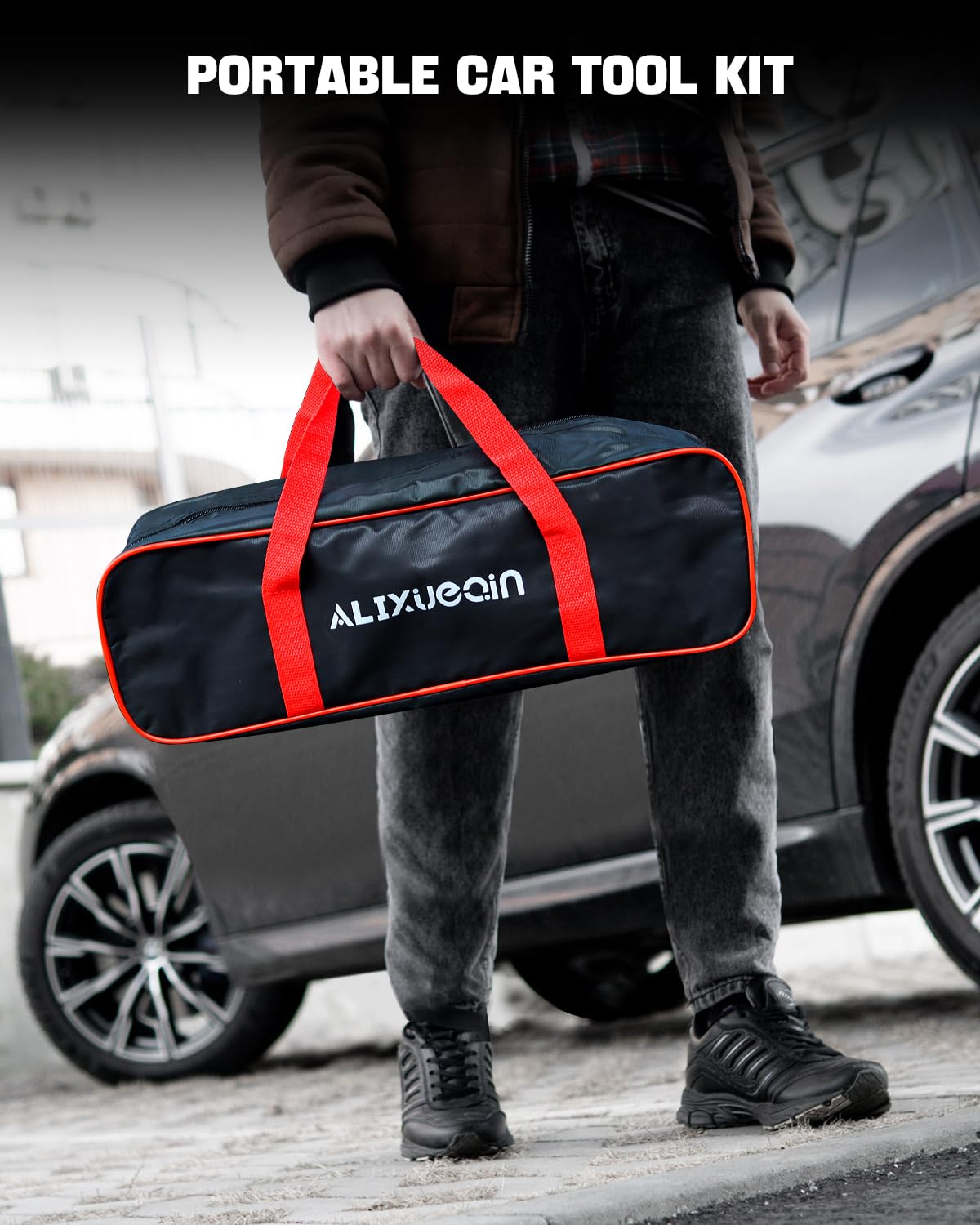 ALIXUEQIN trunk storage lifestyle shot showing kit fits neatly and is ready for emergencies