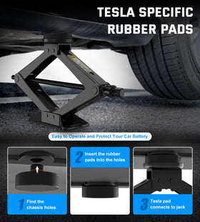 ALIXUEQIN rubber jack pad detail aligning with Tesla lift point to protect battery