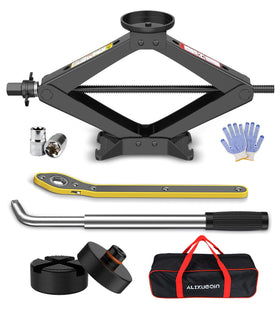ALIXUEQIN scissor jack front view showing compact design and stability benefit