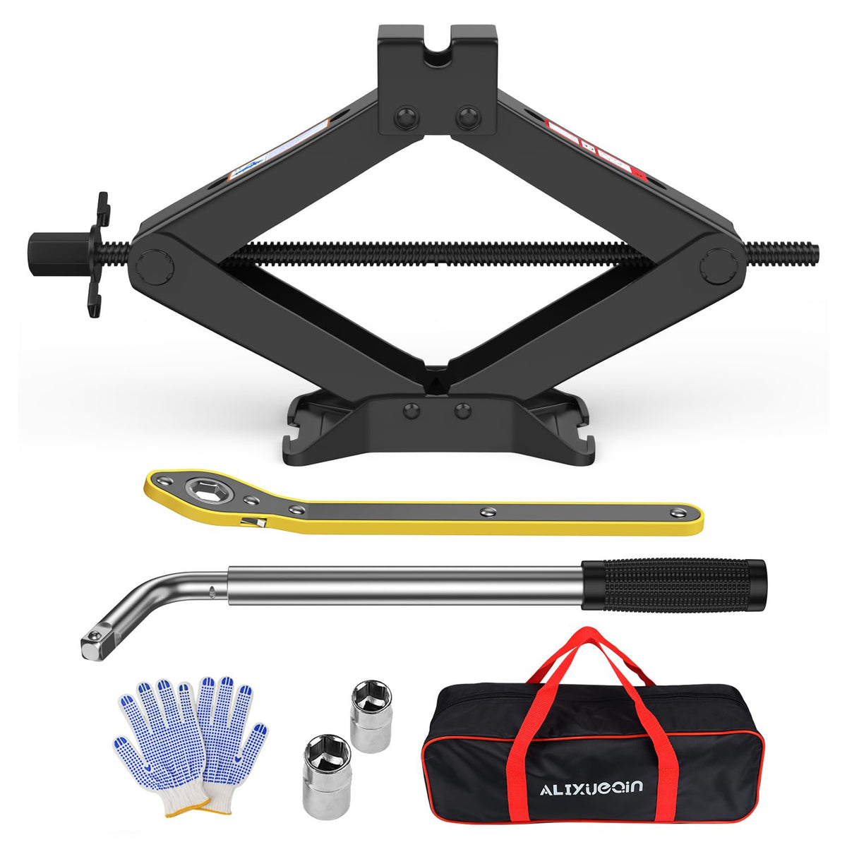 ALIXUEQIN scissor jack front view showing compact profile and sturdy base benefit