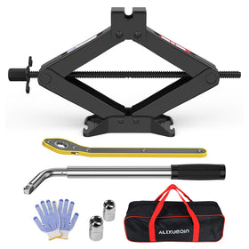 ALIXUEQIN scissor jack front view showing compact profile and sturdy base benefit