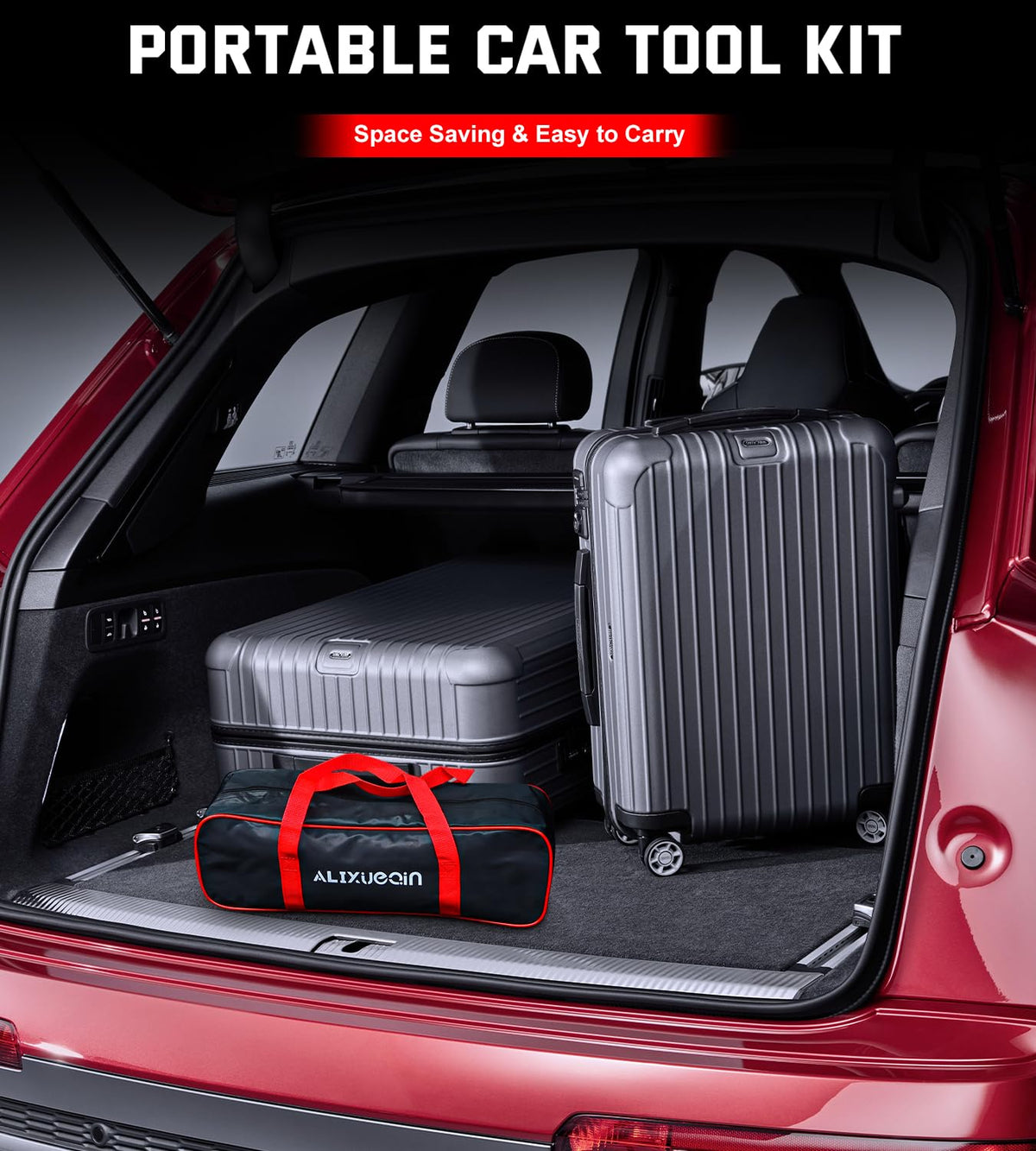 ALIXUEQIN jack height comparison with hand showing compact folded size for trunk storage