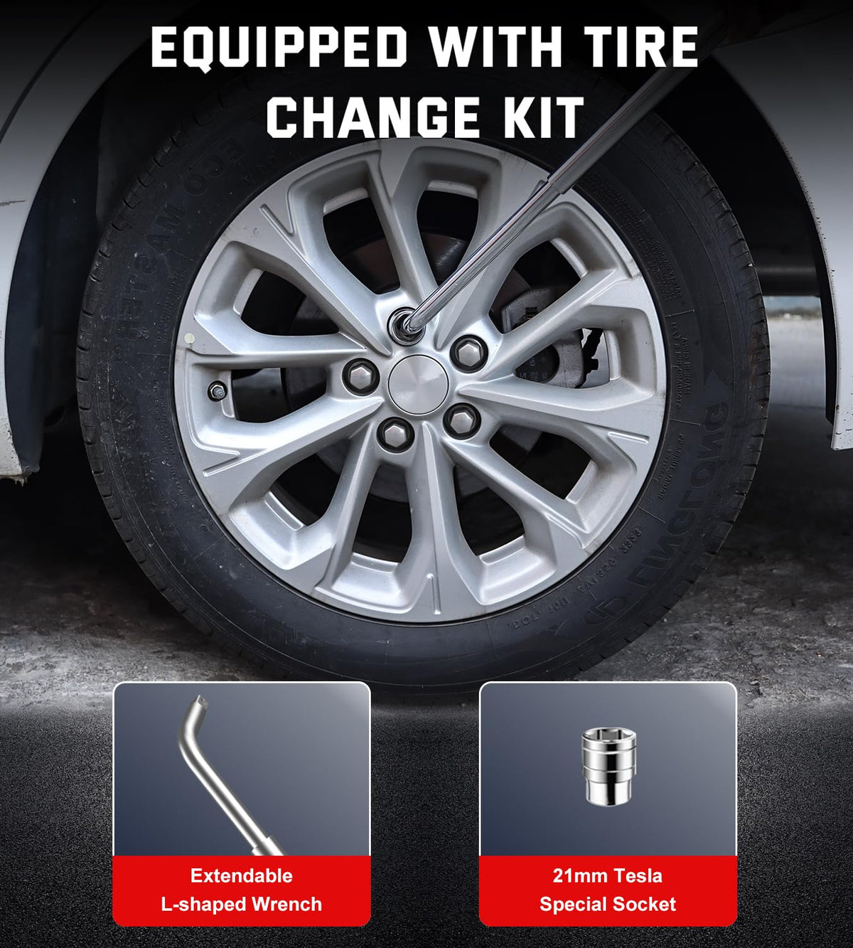 ALIXUEQIN included tools laid out: ratchet, 21mm socket, lug wrench and gloves for faster tire changes