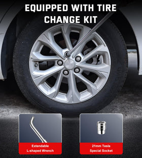 ALIXUEQIN included tools laid out: ratchet, 21mm socket, lug wrench and gloves for faster tire changes