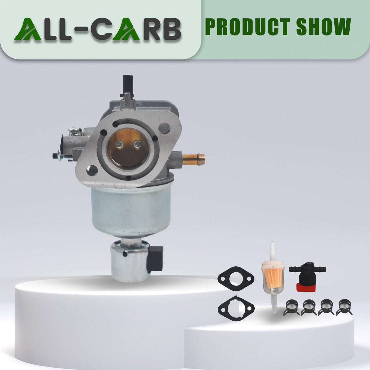ALL-CARB kit layout with carburetor, filter, gaskets, clamps and switch for complete install