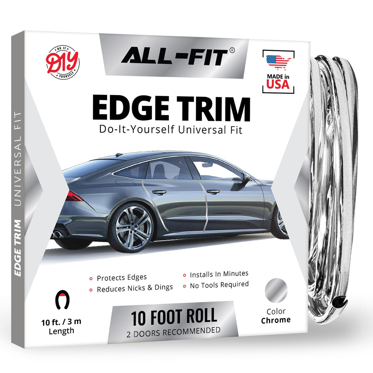 All-Fit Automotive front packaging showing chrome trim and benefits