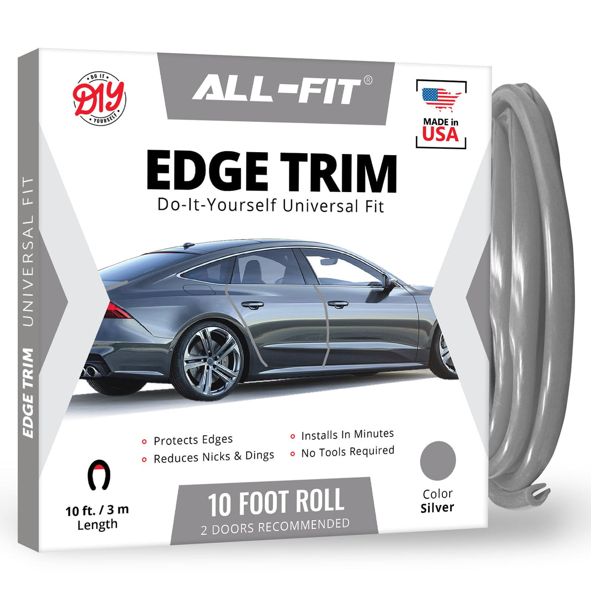 All-Fit Automotive front view of silver edge protector packaging showing product benefit