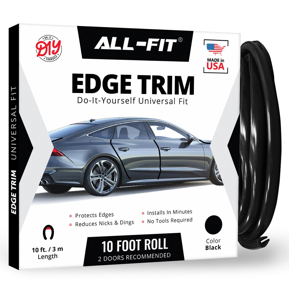All-Fit Automotive front packaging showing 10 ft black trim and contents benefit protection