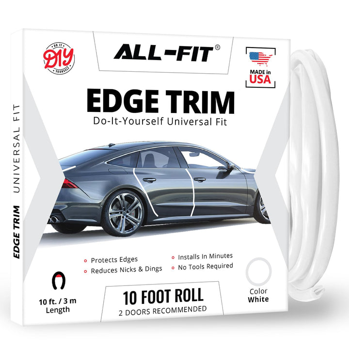 All-Fit Automotive front packaging showing 10 ft white trim and benefits