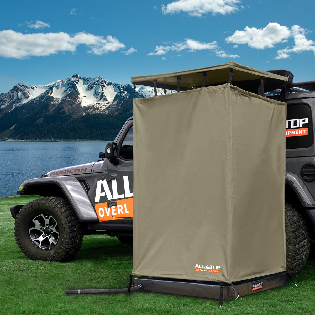 ALL-TOP front view attached to vehicle showing compact privacy shelter and easy setup