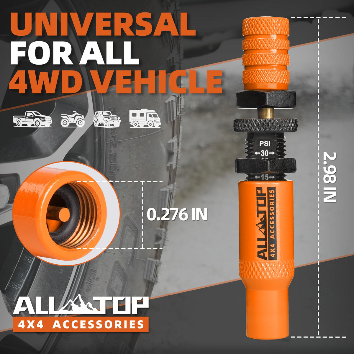 ALL-TOP installed on tire valve demonstrating quick air-down benefit