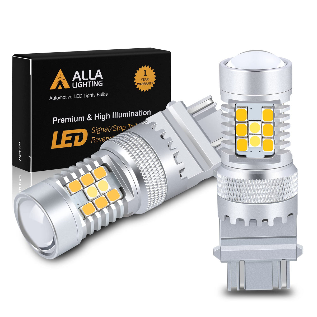 Alla Lighting front view of product packaging showing included dual-color bulbs and benefits
