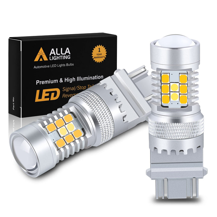 Alla Lighting front view of product packaging showing included dual-color bulbs and benefits