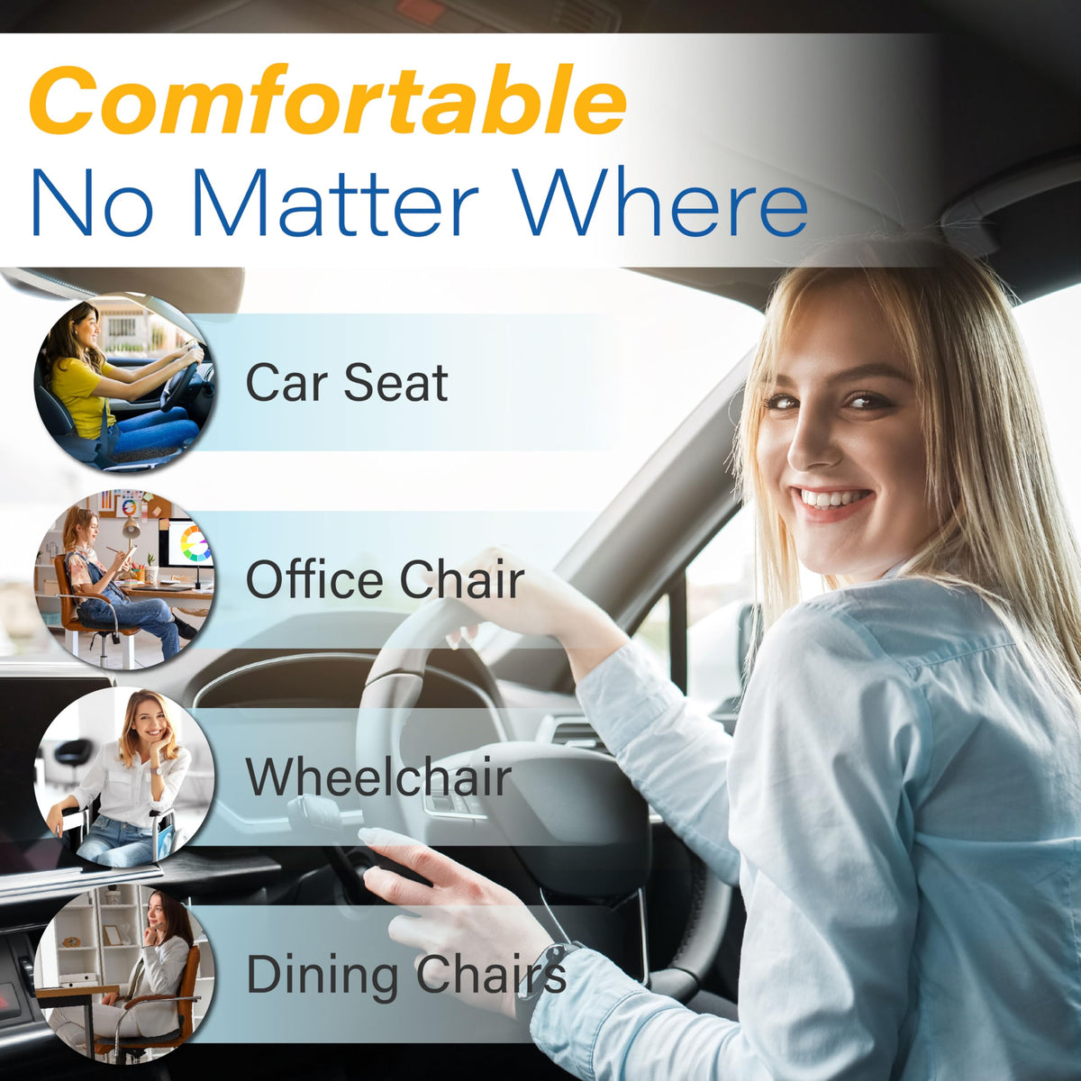 Allaboutsla lifestyle shot of driver smiling using cushion for comfortable drive
