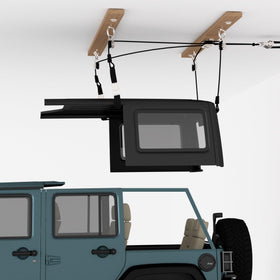 ALLCOS front view of hoist installed showing compact ceiling storage benefit