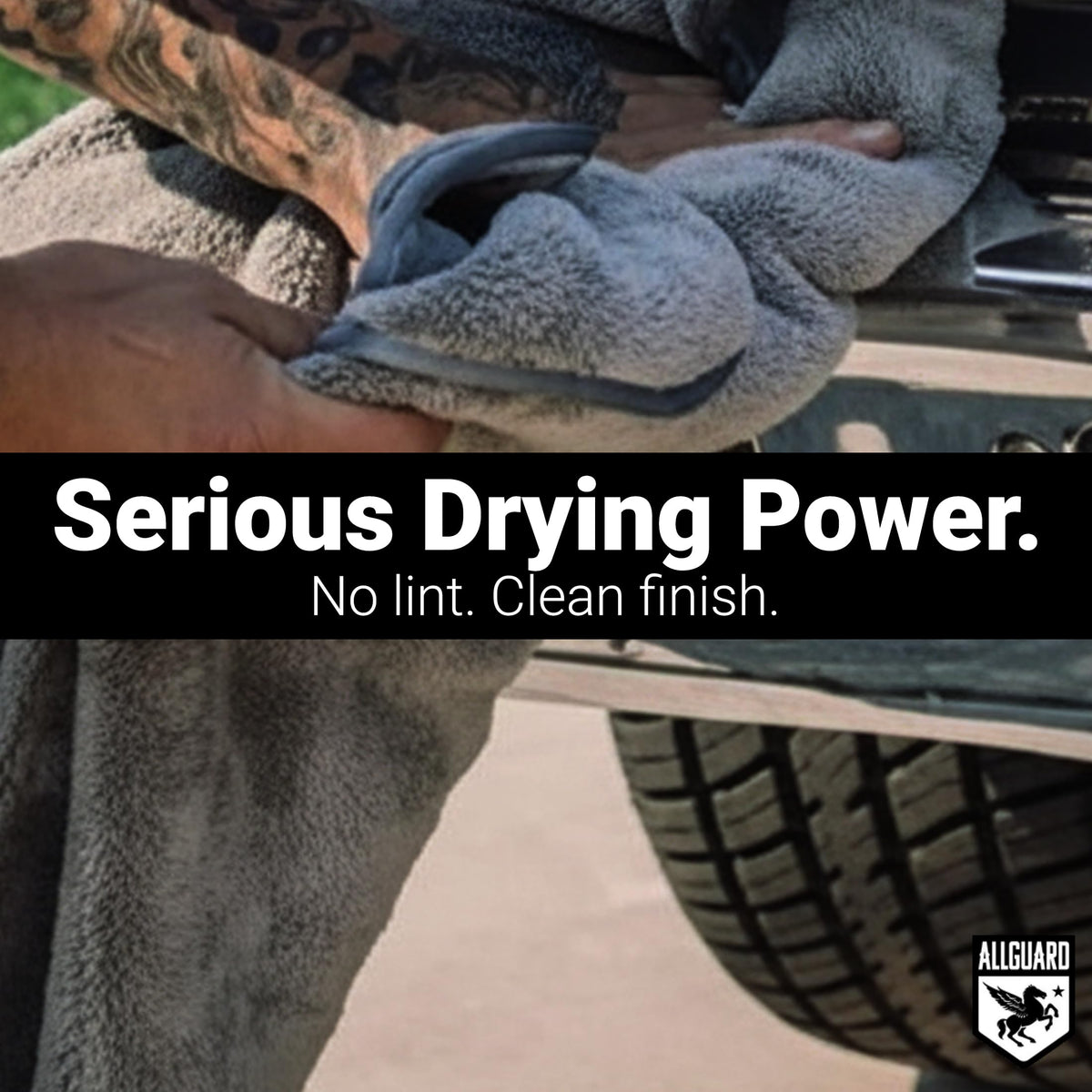 AllGuard towel held in hand to show scale and faster drying benefit